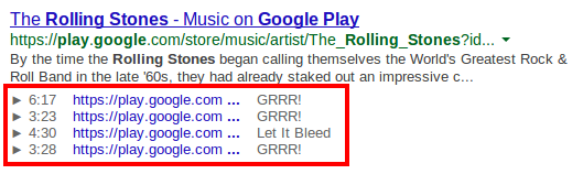 Example of rich snippets displaying information about a band, album or song