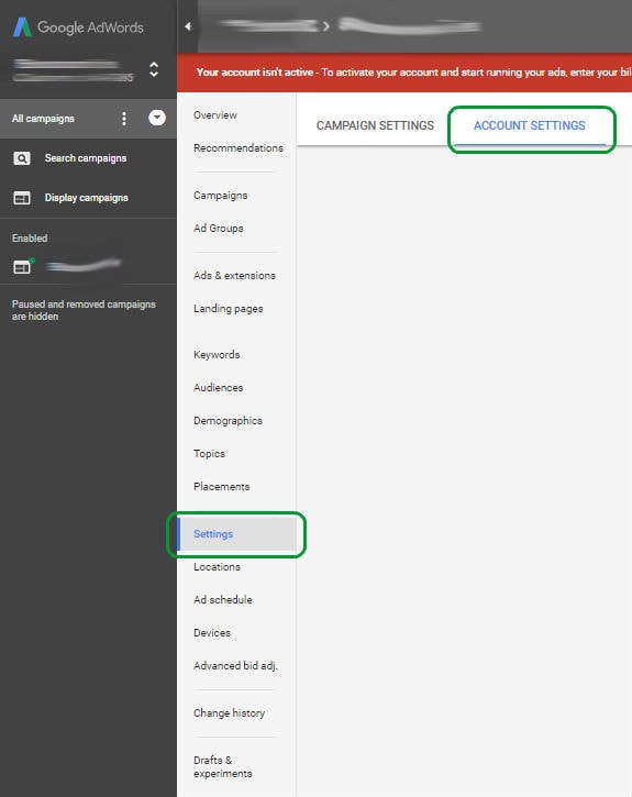 adwords interface account settings