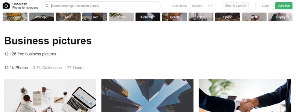 Screenshot of Unsplash website