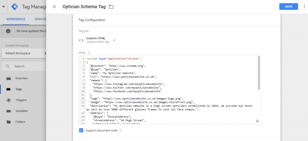 tag manager schema code
