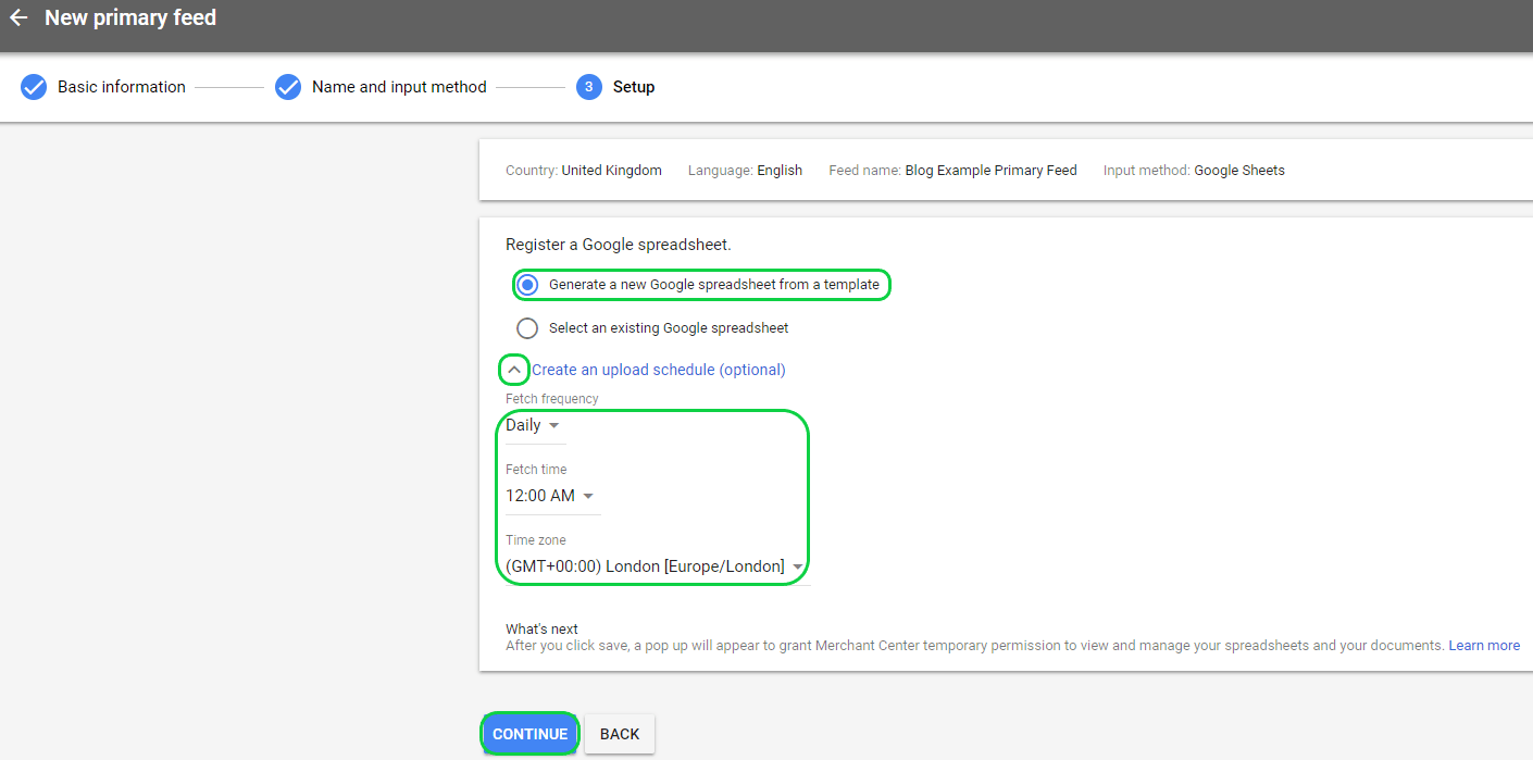 feed setup and fetch schedule continue 