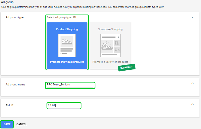 shopping campaign ad group name and bid