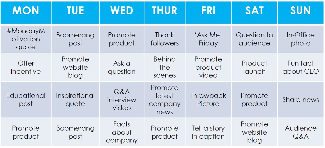 Monthly Schedule for Instagram posts.