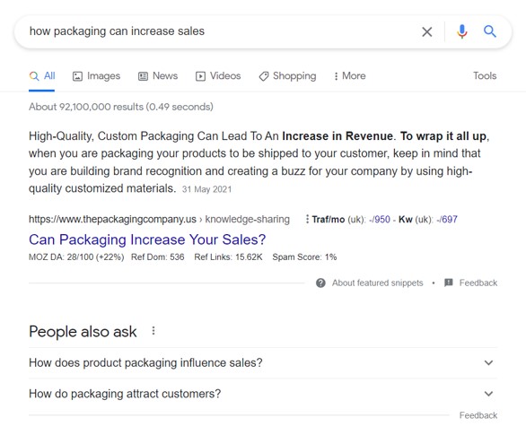 Featured Snippet for how packaging can increase sales