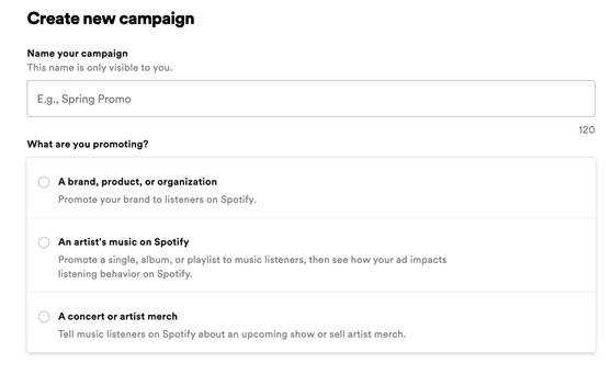 Spotify Ads - Create new campaign