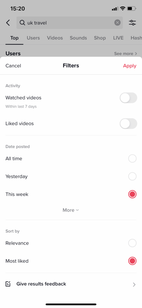 TikTok search filters