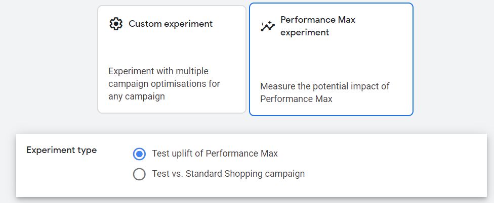Performance max experiments