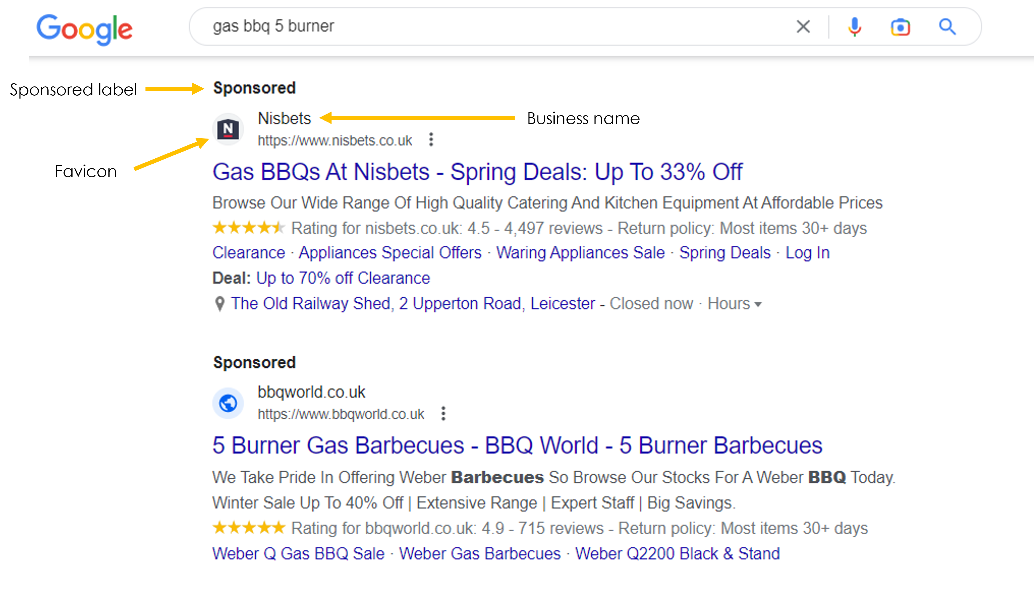 google search showing business name and favicon