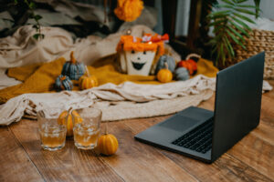 halloween desk and laptop