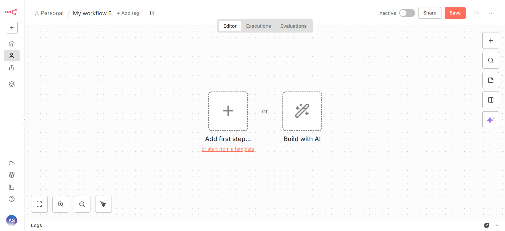 n8n add first step or build with AI
