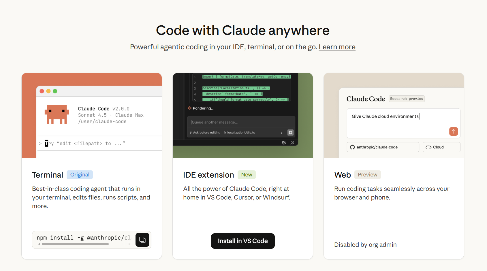 Claude Code available in Terminal, IDE, and Web