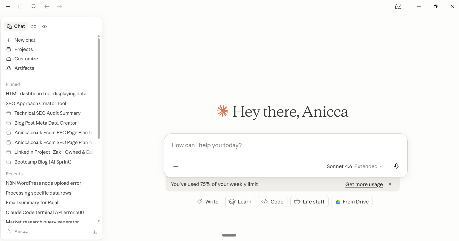 Claude Desktop in Chat mode, showing the Hey there, Anicca welcome screen and the Write, Learn, Code and Life stuff shortcuts at the bottom of the input area