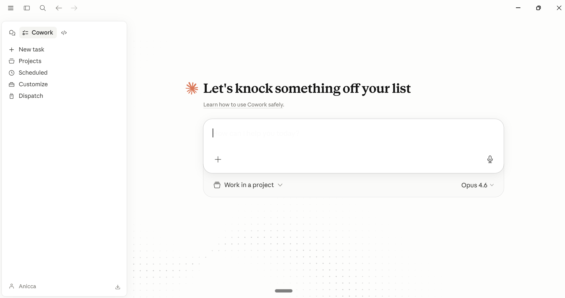 Claude Desktop in Cowork mode, showing the Let's knock something off your list prompt, parallel project sessions in the sidebar, and the file, image and voice input icons