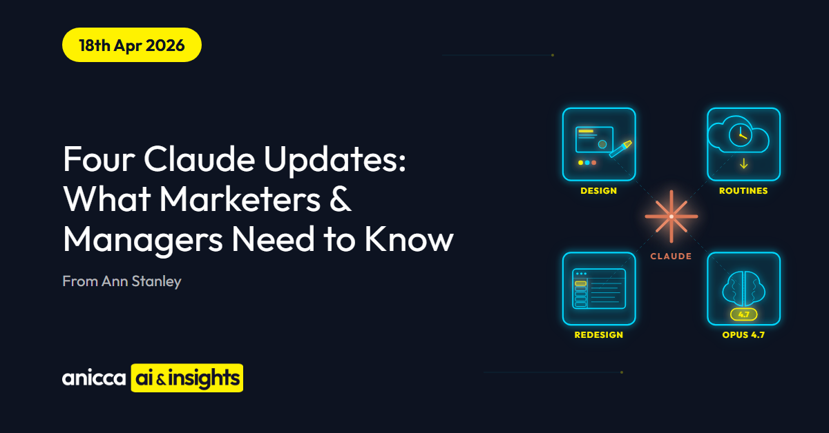 Claude Code weekly update - Desktop redesign, Routines, Opus 4.7 and Claude Design (week ending 19 April 2026), by Ann Stanley, Anicca Digital