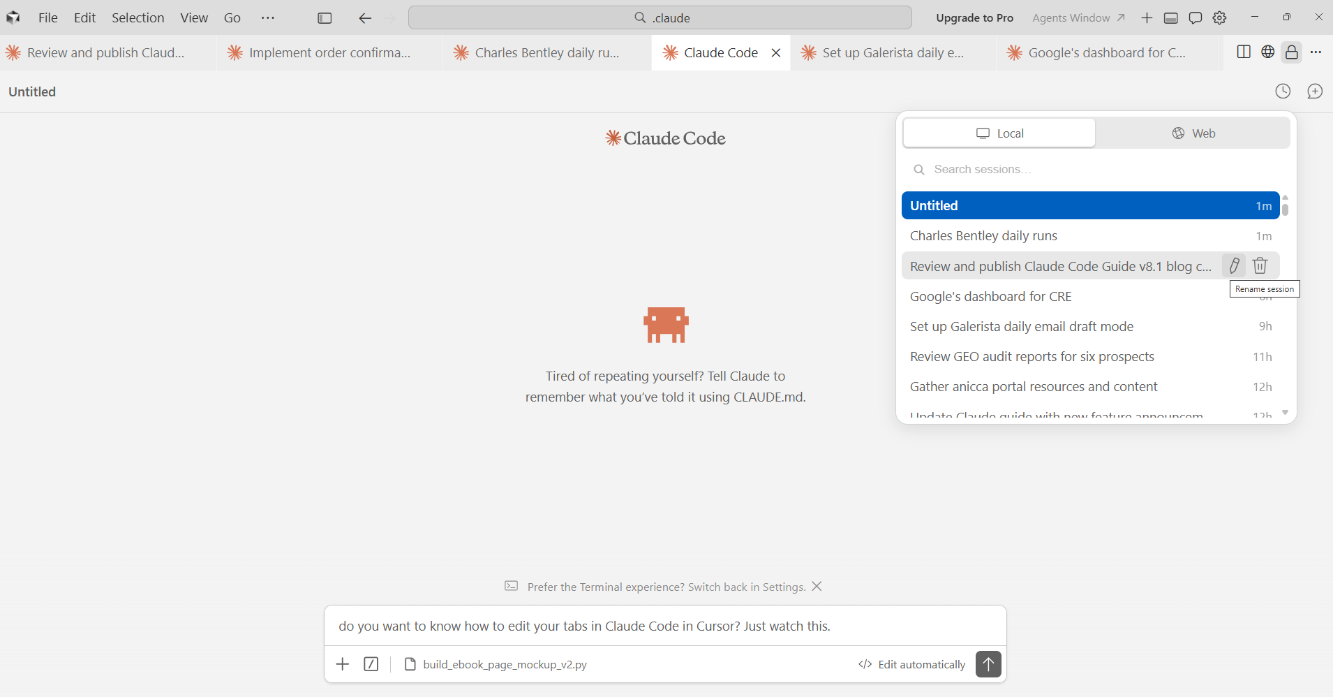 Screenshot of Claude Code inside Cursor showing how to open a new chat window using the plus button and the clock icon to access previous chats