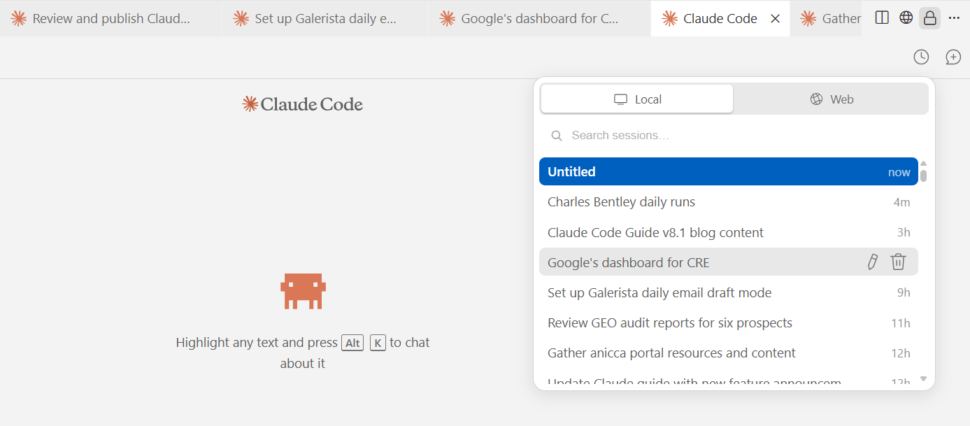 Screenshot of the Claude Code session list inside Cursor showing the edit icon next to each conversation title