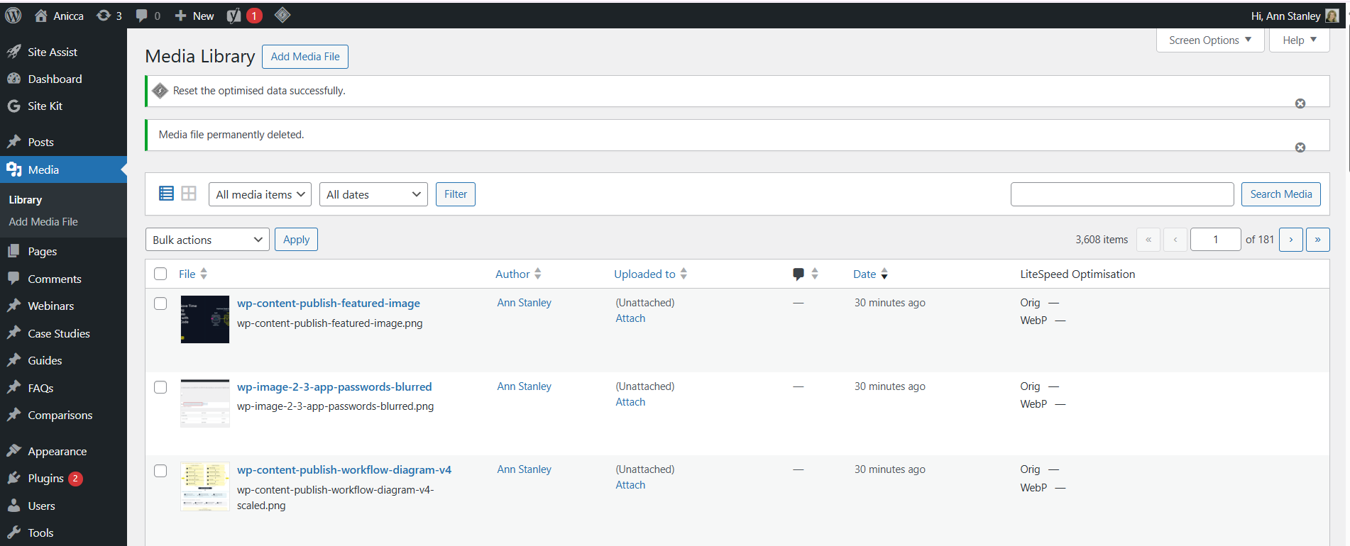 Screenshot of the WordPress Media Library showing the three most recent uploads from this push: wp-content-publish-featured-image (the hero image), wp-image-2-3-app-passwords-blurred (the WordPress Application Passwords screenshot), and wp-content-publish-workflow-diagram-v4 (the workflow diagram). Each entry shows author Ann Stanley, uploaded 30 minutes ago. The notice at the top reads 'Media file permanently deleted'.