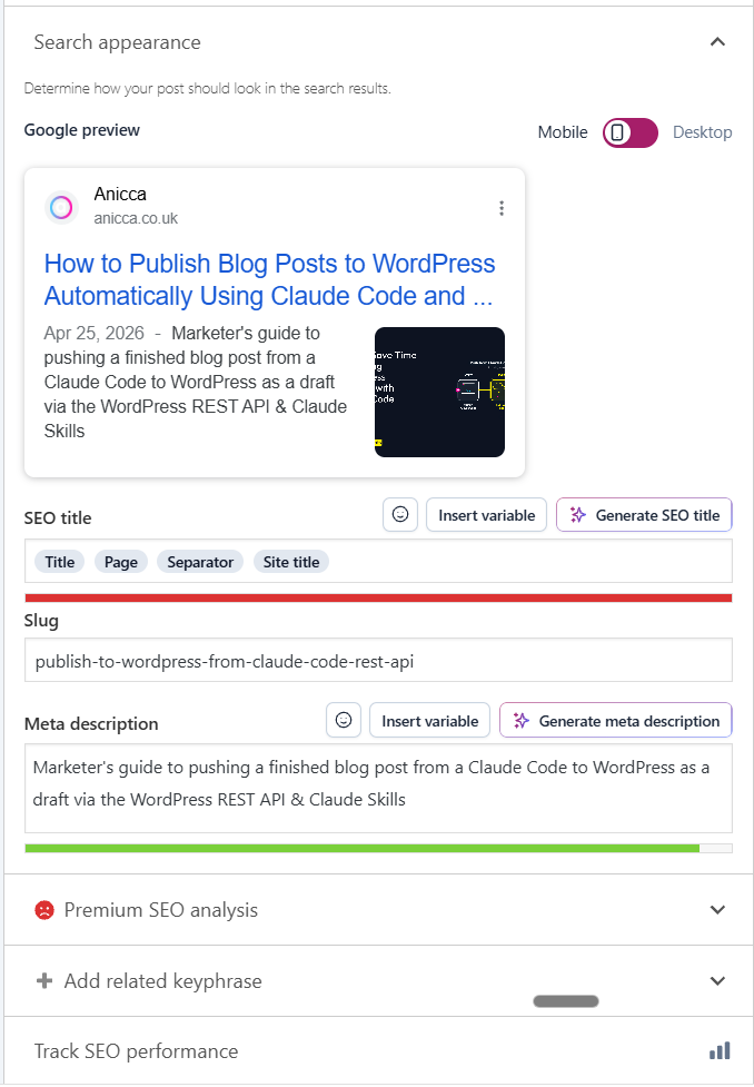 Screenshot of the Yoast SEO Search Appearance panel inside the WordPress editor. Shows the Google preview at the top with the post title and meta description, the SEO title field with Title, Page, Separator, Site title variables, the Slug field showing 'publish-to-wordpress-from-claude-code-rest-api', and the Meta description field with the entered text. A green progress bar under the meta description indicates the length is good.