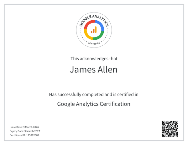 Google Analytics Certification awarded to James Allen