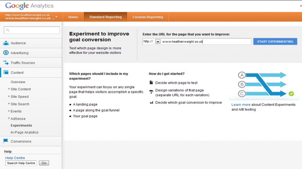 Analytics Content Experiment screen 1