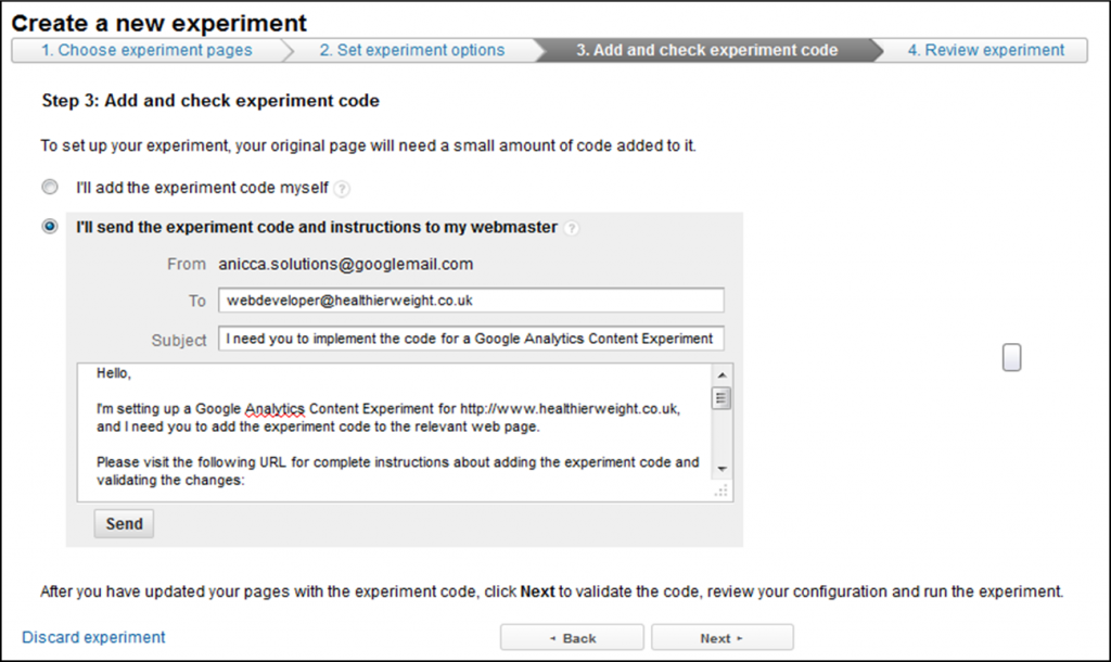 Content experiment - send experiment code to web developer