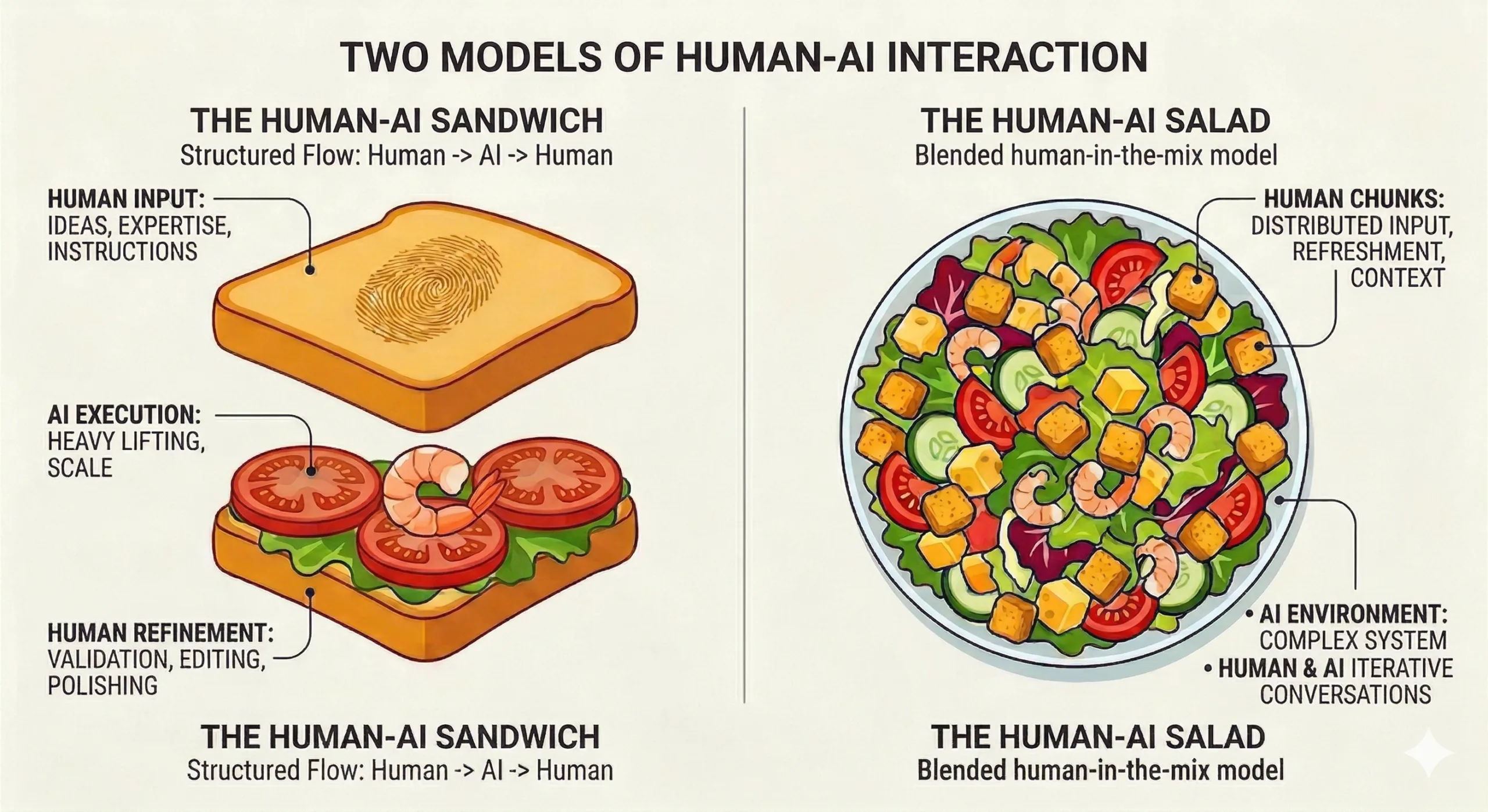 The Human-AI Sandwich and the Human-AI Salad - two models of human-AI interaction