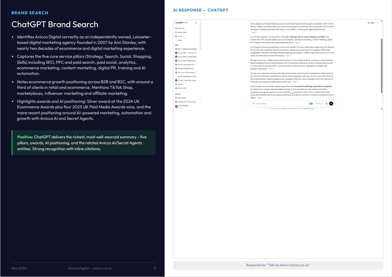 Page 3 of the Anicca Digital GEO audit report: ChatGPT brand search summary alongside the ChatGPT response screenshot