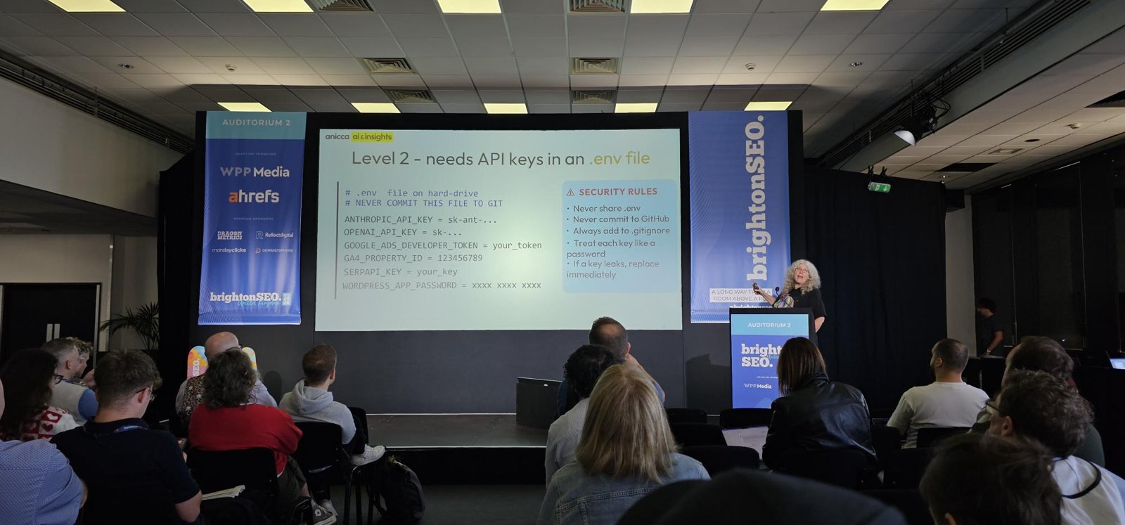 Ann Stanley explaining API keys and .env files at BrightonSEO
